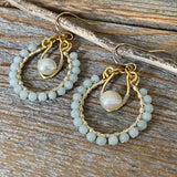 Light Blue Amazonite Hoop Earrings, Pearl Drop, Gold Wire Wrapped