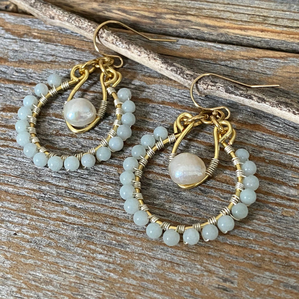 Light Blue Amazonite Hoop Earrings, Pearl Drop, Gold Wire Wrapped