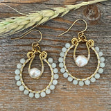 Light Blue Amazonite Hoop Earrings, Pearl Drop, Gold Wire Wrapped