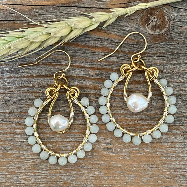 Light Blue Amazonite Hoop Earrings, Pearl Drop, Gold Wire Wrapped