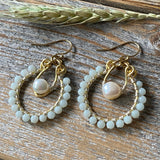 Light Blue Amazonite Hoop Earrings, Pearl Drop, Gold Wire Wrapped