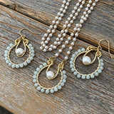 Light Blue Amazonite Hoop Earrings, Pearl Drop, Gold Wire Wrapped
