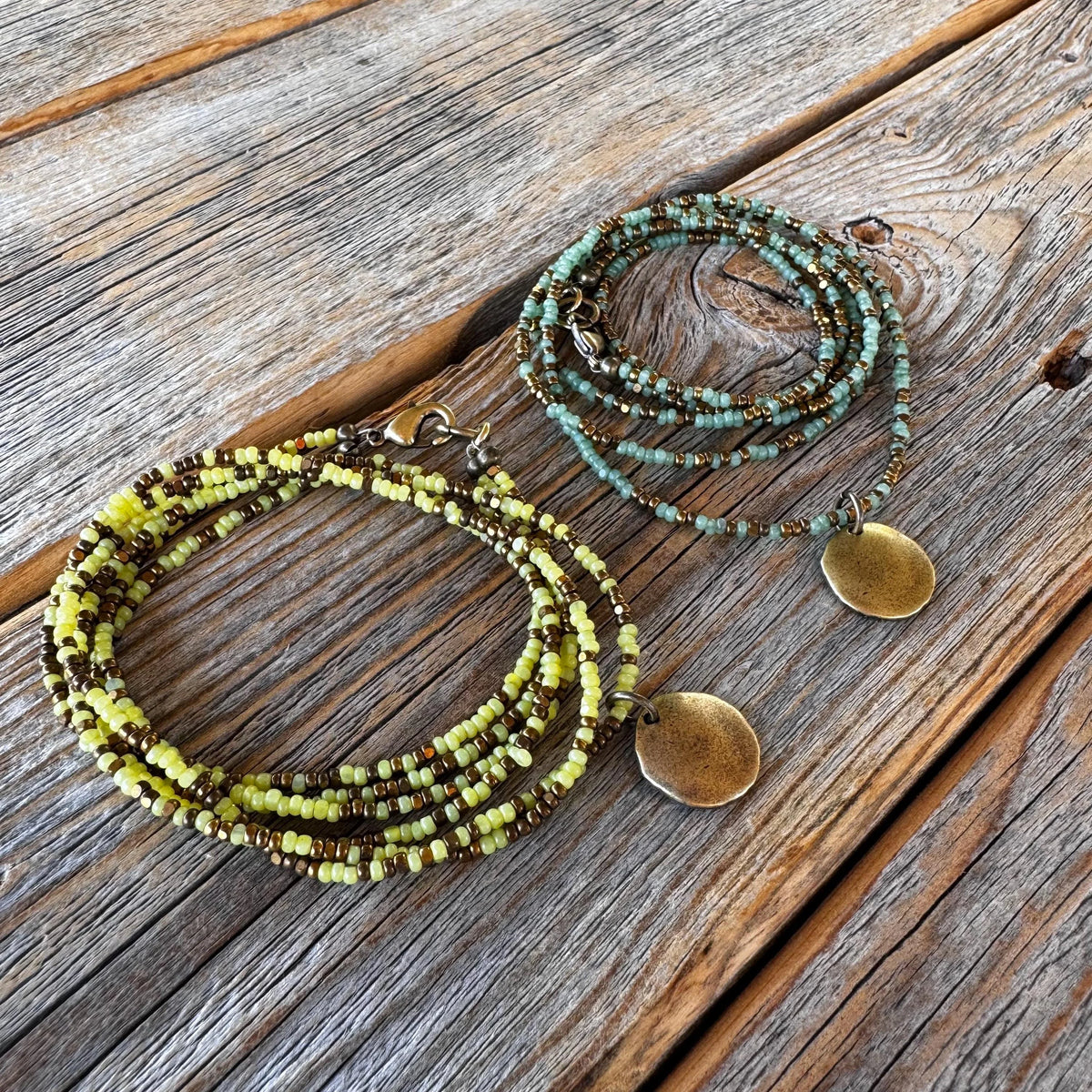Lime Green Double Strand Beaded Choker Necklace, Boho Summer Jewelry