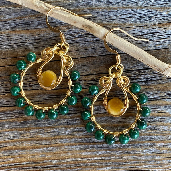 Malachite and Tigers Eye Beaded Hoop Earrings, Boho Dangle Jewelry
