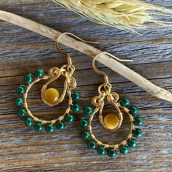 Malachite and Tigers Eye Beaded Hoop Earrings, Boho Dangle Jewelry