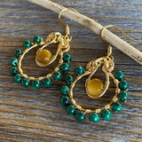 Malachite and Tigers Eye Beaded Hoop Earrings, Boho Dangle Jewelry