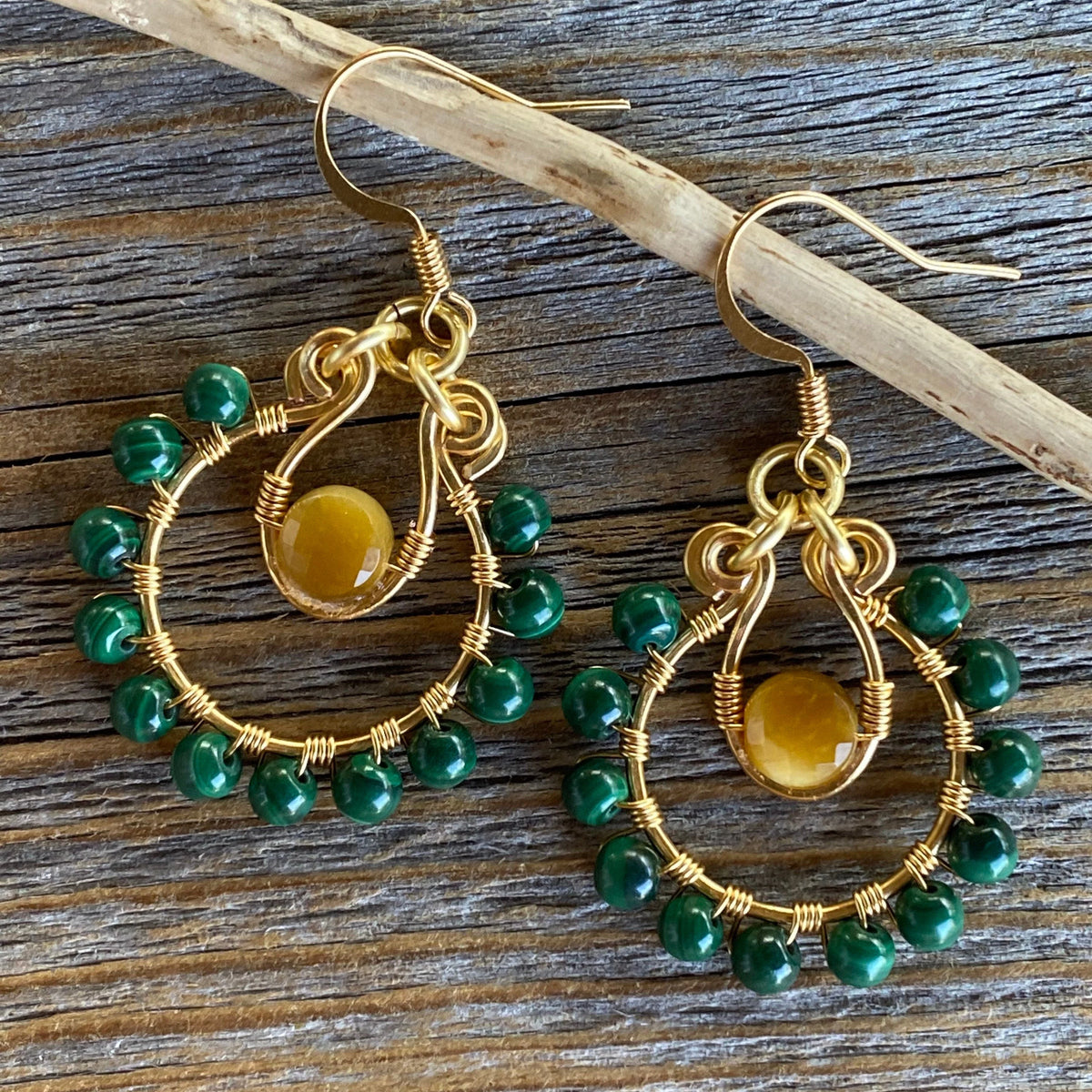 Malachite and Tigers Eye Beaded Hoop Earrings, Boho Dangle Jewelry
