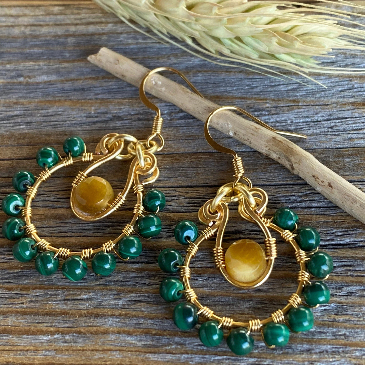 Malachite and Tigers Eye Beaded Hoop Earrings, Boho Dangle Jewelry