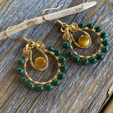 Malachite and Tigers Eye Beaded Hoop Earrings, Boho Dangle Jewelry