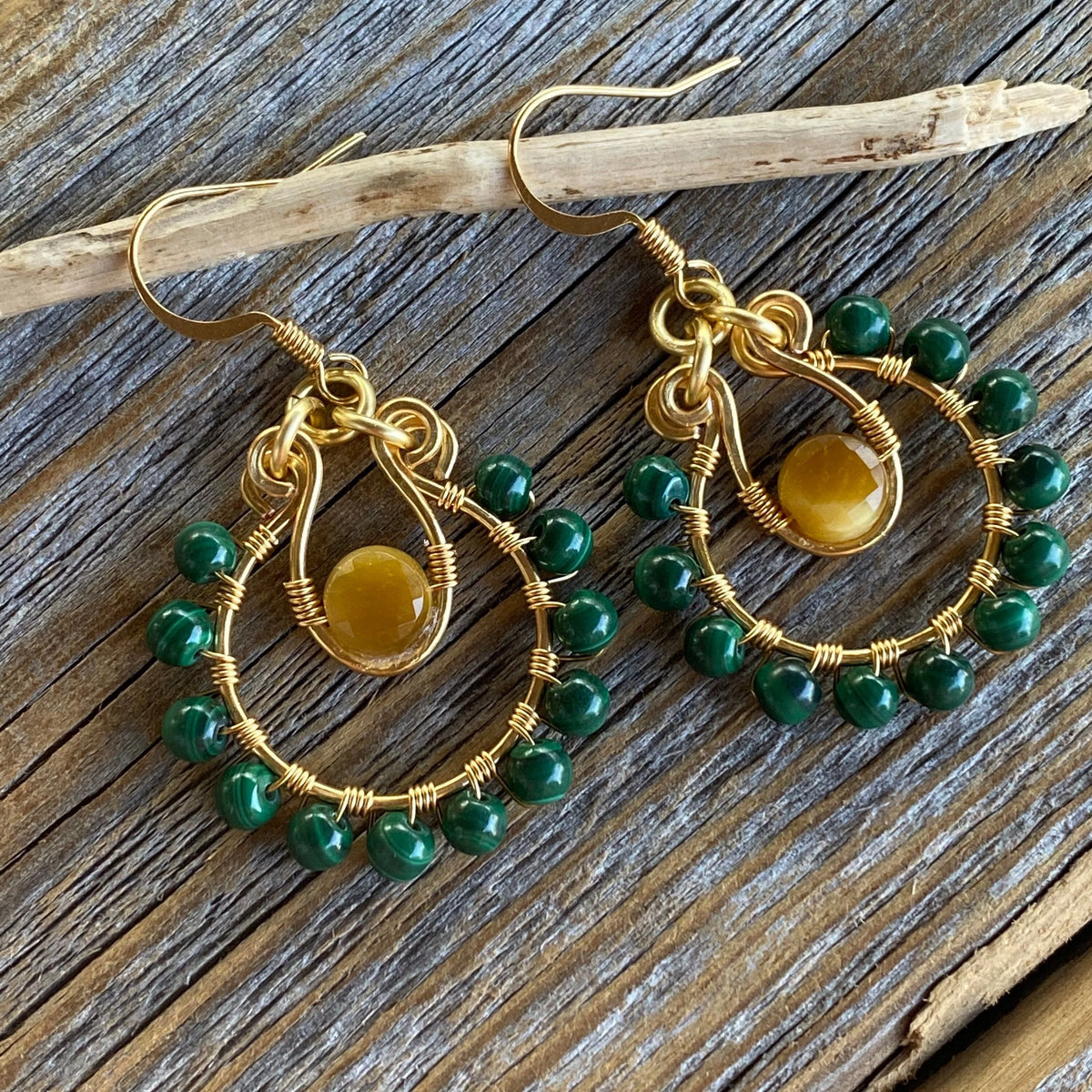 Malachite and Tigers Eye Beaded Hoop Earrings, Boho Dangle Jewelry