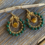 Malachite and Tigers Eye Beaded Hoop Earrings, Boho Dangle Jewelry
