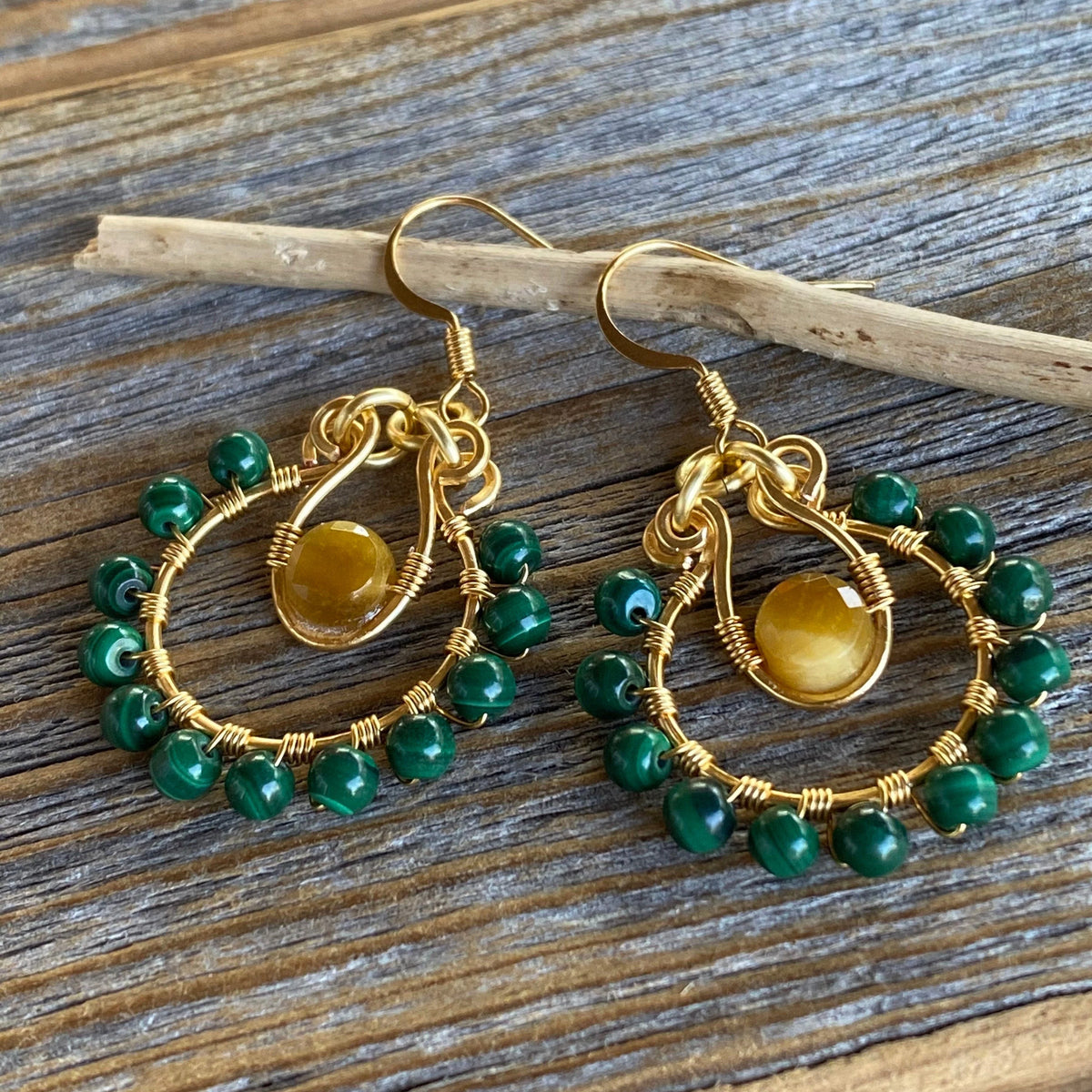 Malachite and Tigers Eye Beaded Hoop Earrings, Boho Dangle Jewelry