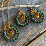 Malachite and Tigers Eye Beaded Hoop Earrings, Boho Dangle Jewelry