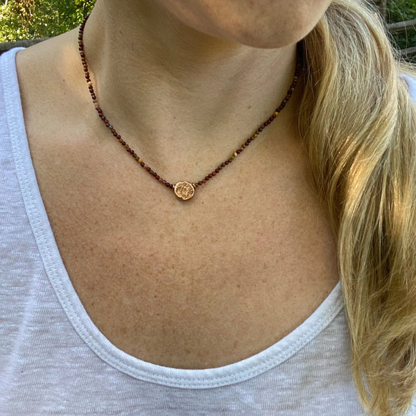 Mookaite Beaded Choker Necklace – Antique Copper Center Bead, Handmade