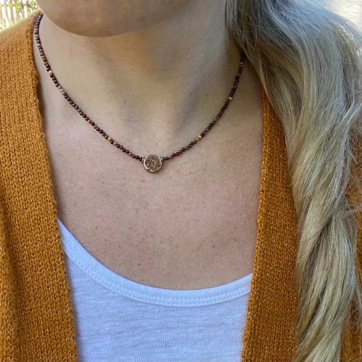 Mookaite Beaded Choker Necklace – Antique Copper Center Bead, Handmade