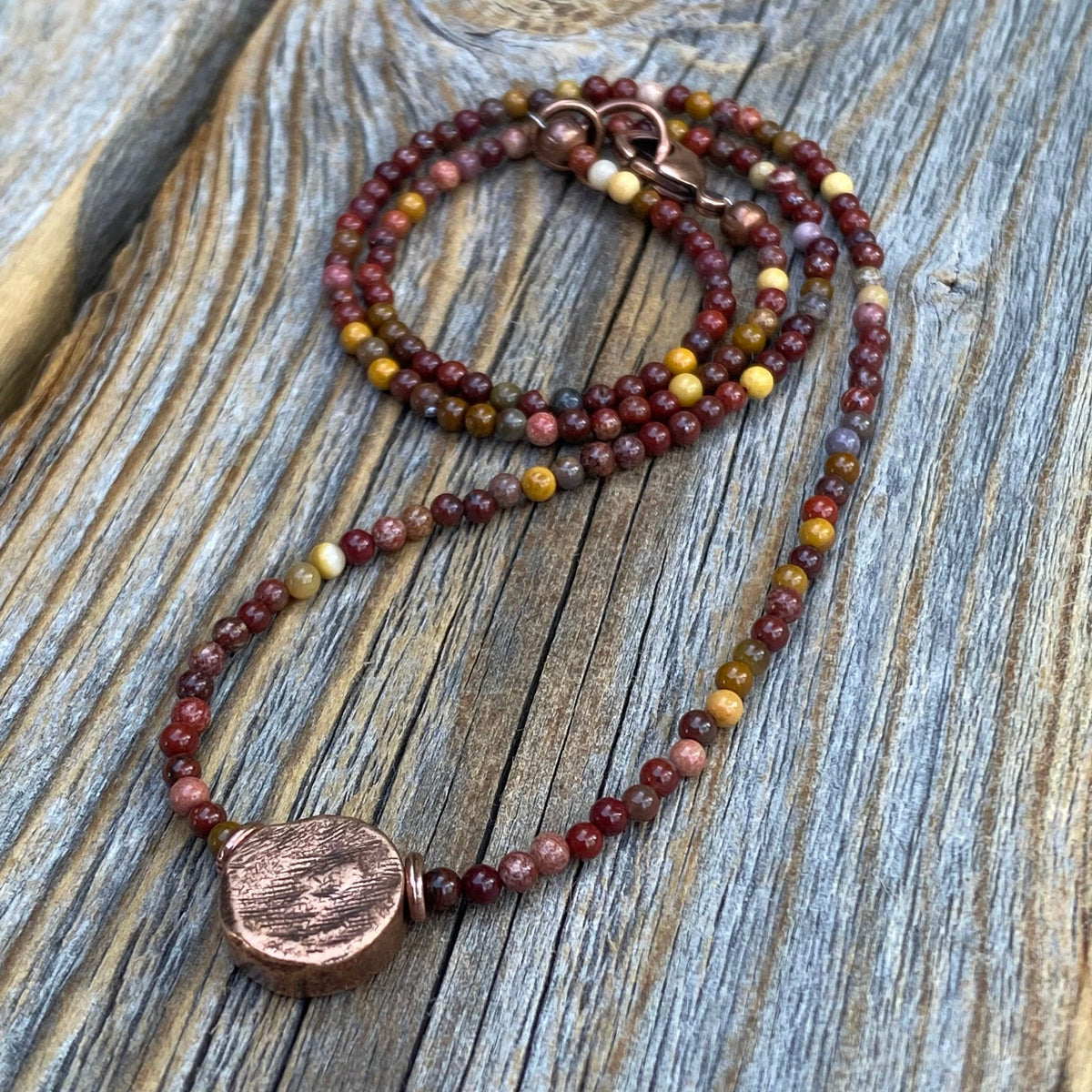 Mookaite Beaded Choker Necklace – Antique Copper Center Bead, Handmade