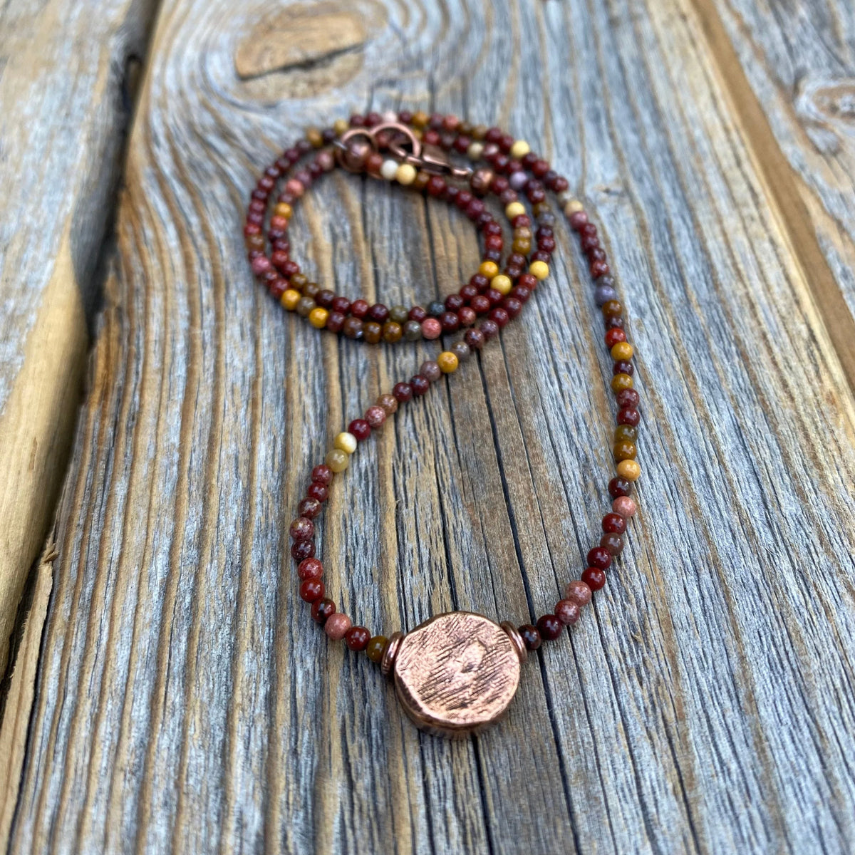 Mookaite Beaded Choker Necklace – Antique Copper Center Bead, Handmade