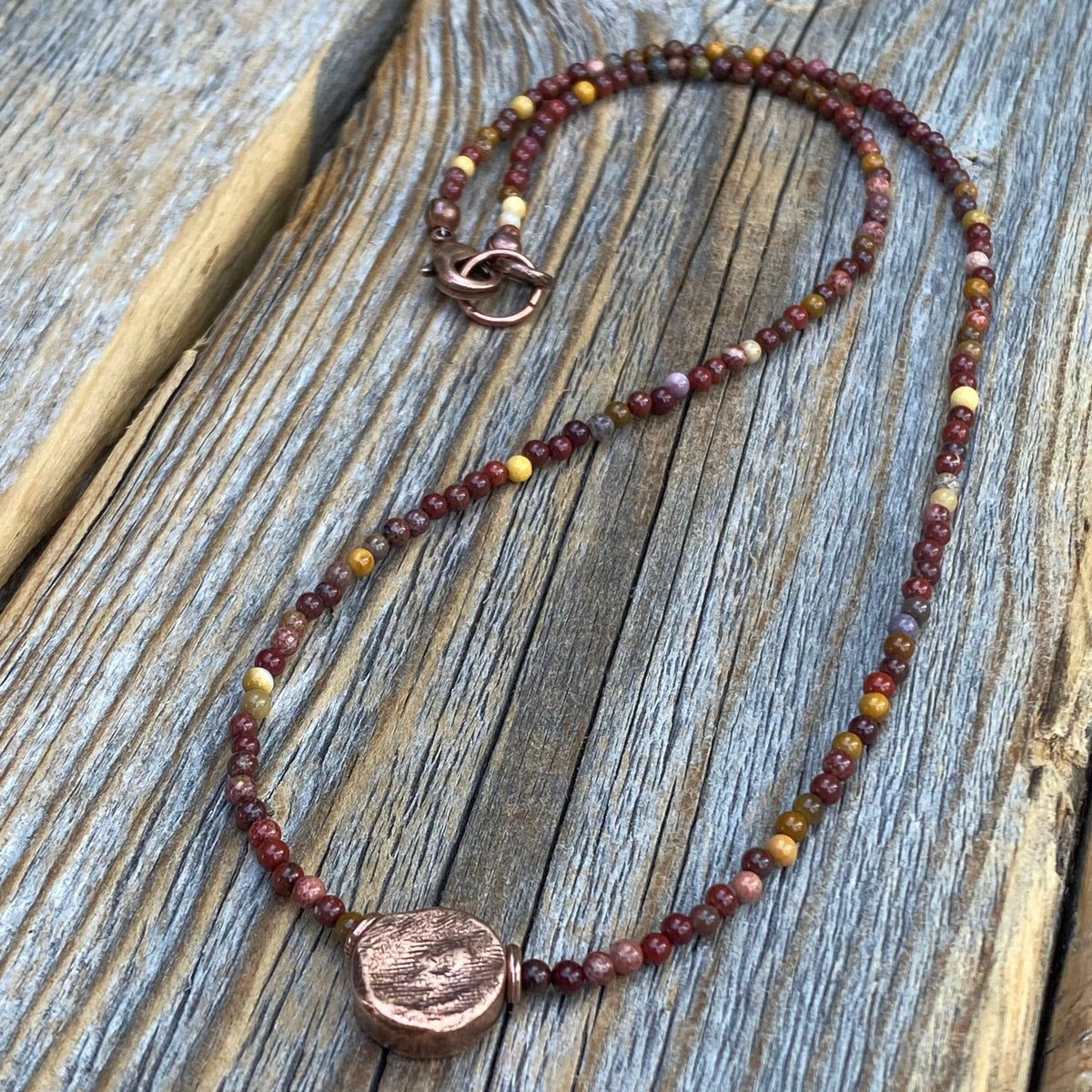 Mookaite Beaded Choker Necklace – Antique Copper Center Bead, Handmade