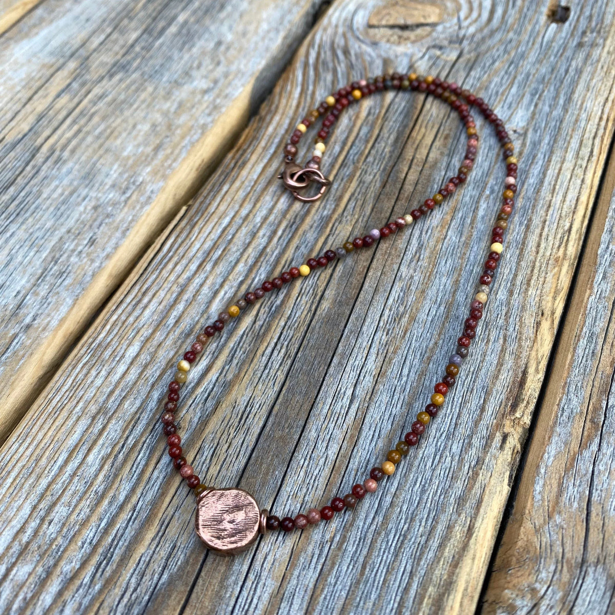 Mookaite Beaded Choker Necklace – Antique Copper Center Bead, Handmade