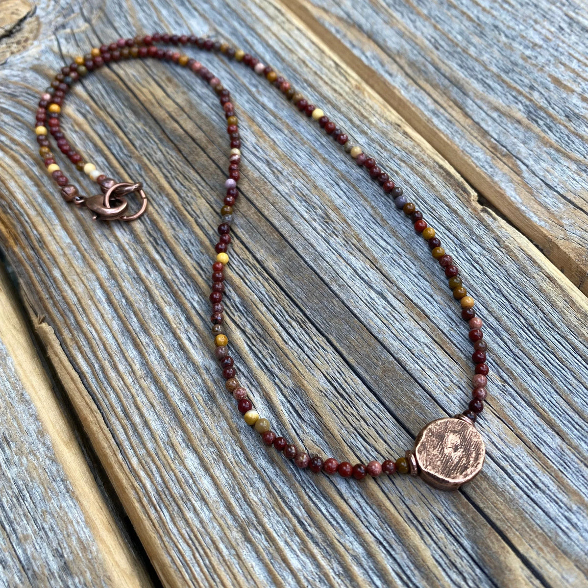 Mookaite Beaded Choker Necklace – Antique Copper Center Bead, Handmade