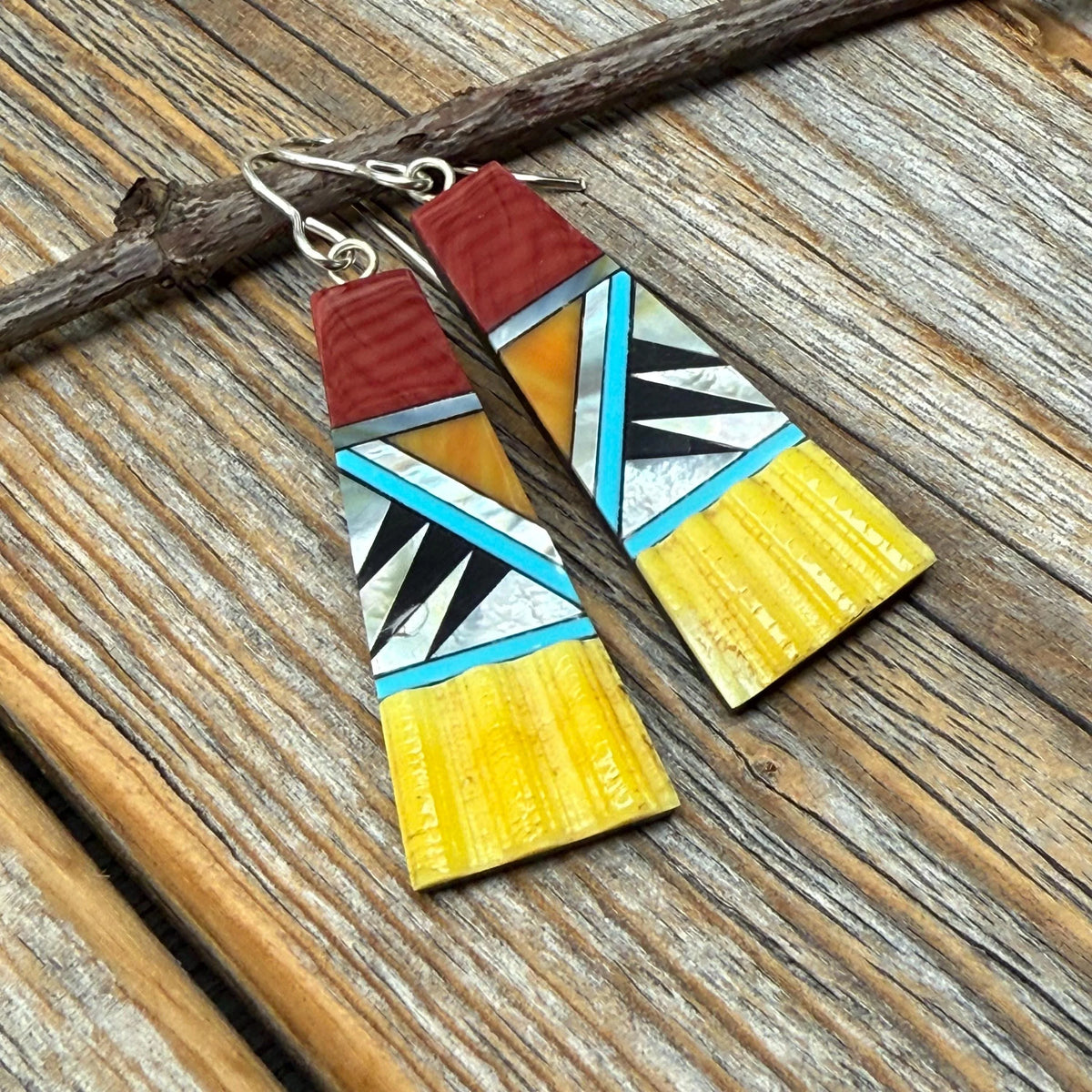 Mosaic Fan Earrings, Turquoise, Spiny Oyster, Sterling Silver Southwestern Dangles