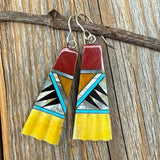 Mosaic Fan Earrings, Turquoise, Spiny Oyster, Sterling Silver Southwestern Dangles