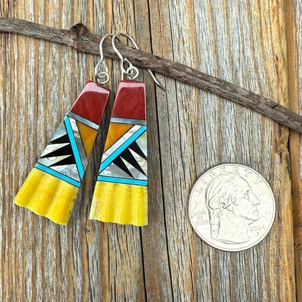 Mosaic Fan Earrings, Turquoise, Spiny Oyster, Sterling Silver Southwestern Dangles