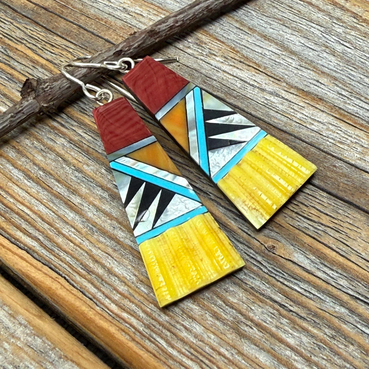 Mosaic Fan Earrings, Turquoise, Spiny Oyster, Sterling Silver Southwestern Dangles