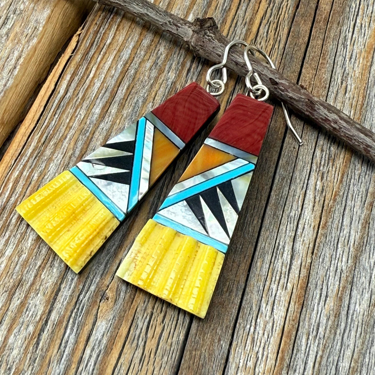 Mosaic Fan Earrings, Turquoise, Spiny Oyster, Sterling Silver Southwestern Dangles