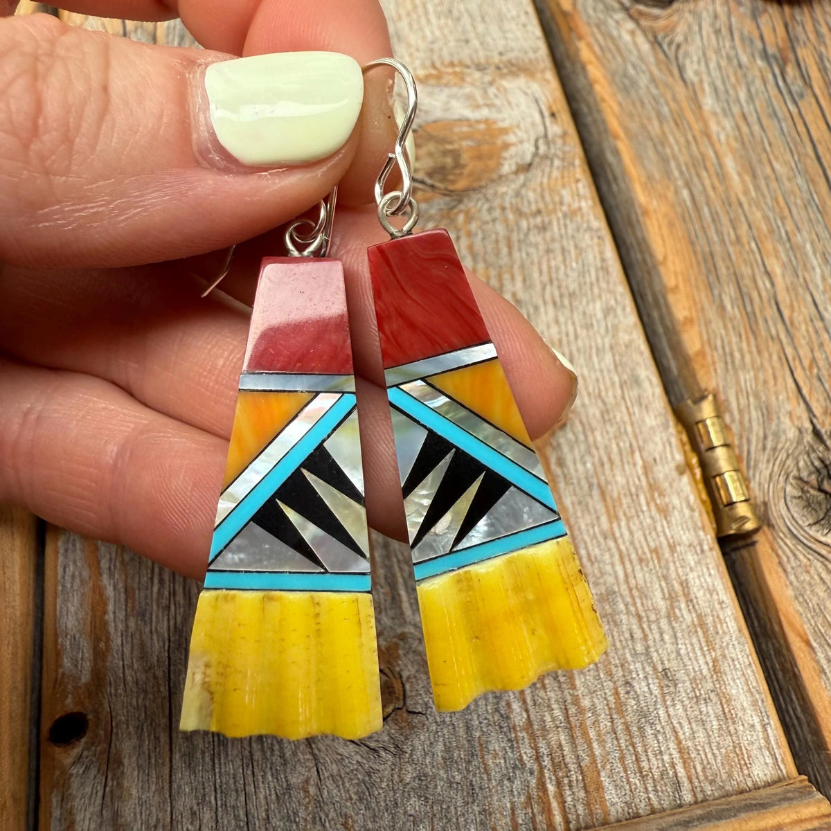 Mosaic Fan Earrings, Turquoise, Spiny Oyster, Sterling Silver Southwestern Dangles