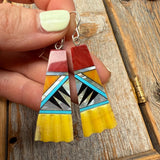 Mosaic Fan Earrings, Turquoise, Spiny Oyster, Sterling Silver Southwestern Dangles