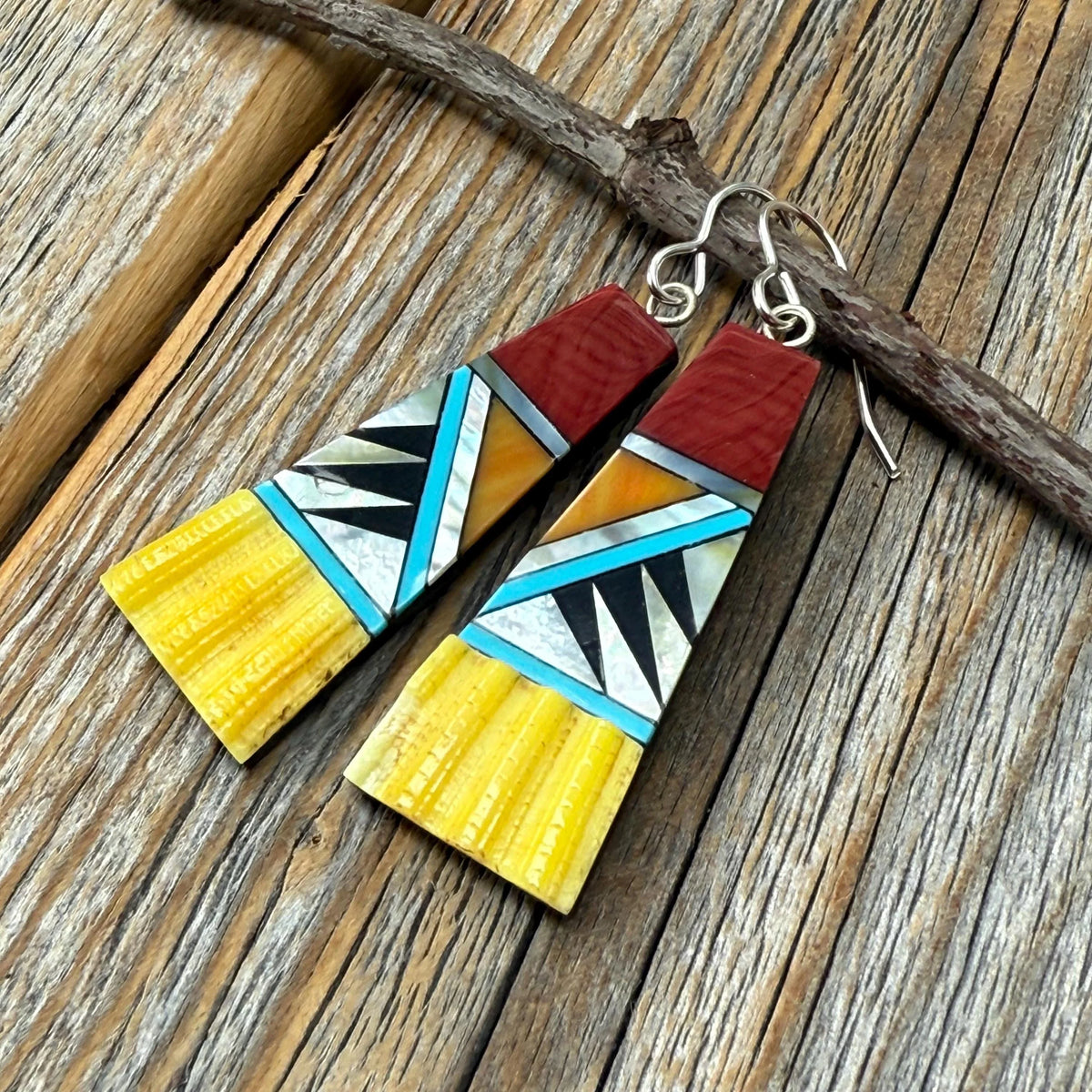 Mosaic Fan Earrings, Turquoise, Spiny Oyster, Sterling Silver Southwestern Dangles