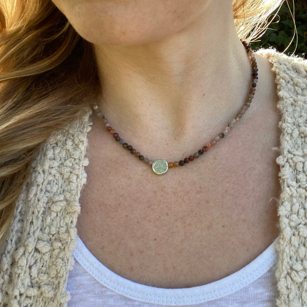 Multicolor Natural Stone Beaded Necklace, Sterling Silver Focal Bead, Layering Jewelry