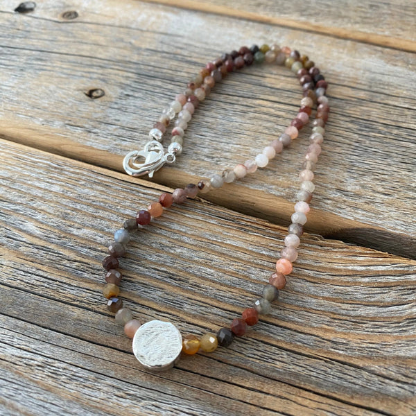 Multicolor Natural Stone Beaded Necklace, Sterling Silver Focal Bead, Layering Jewelry