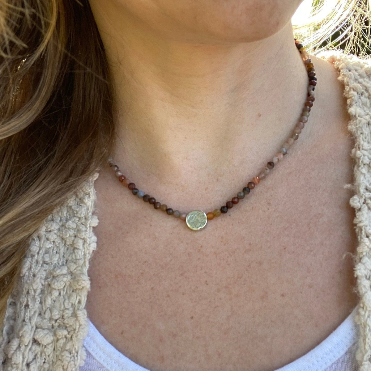 Multicolor Natural Stone Beaded Necklace, Sterling Silver Focal Bead, Layering Jewelry