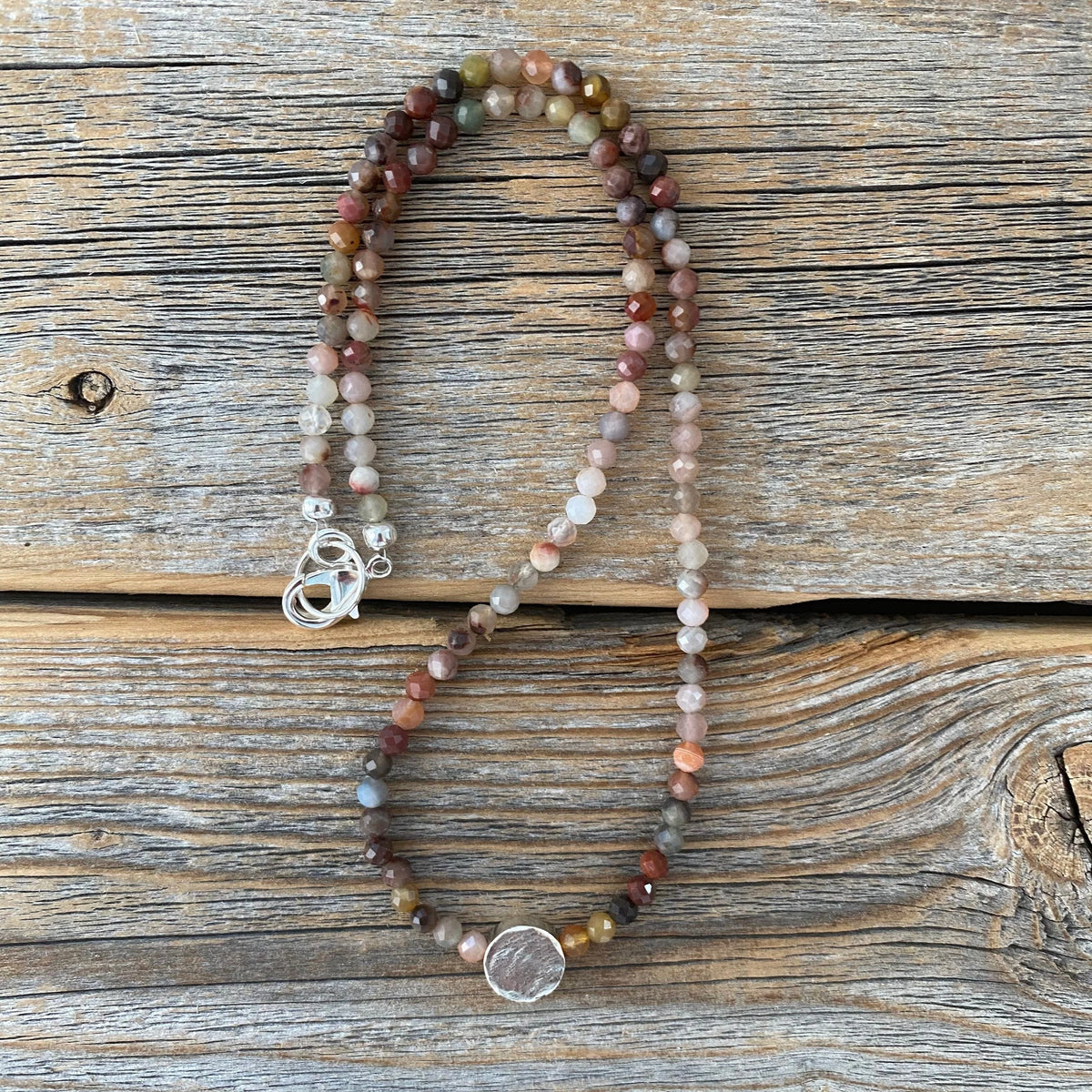 Multicolor Natural Stone Beaded Necklace, Sterling Silver Focal Bead, Layering Jewelry