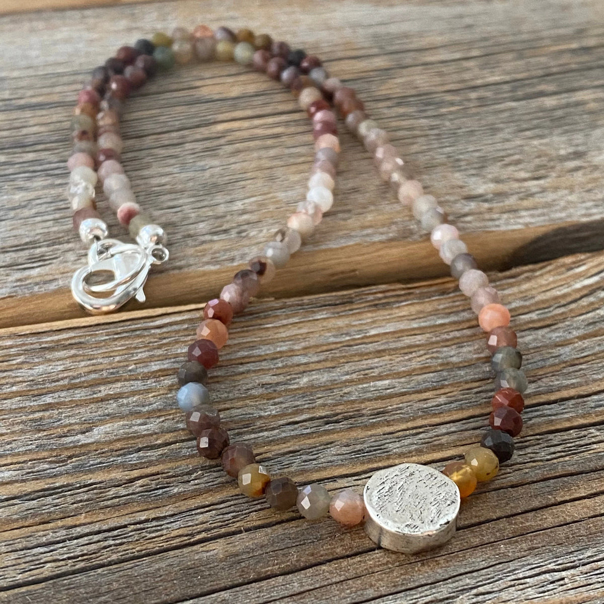 Multicolor Natural Stone Beaded Necklace, Sterling Silver Focal Bead, Layering Jewelry