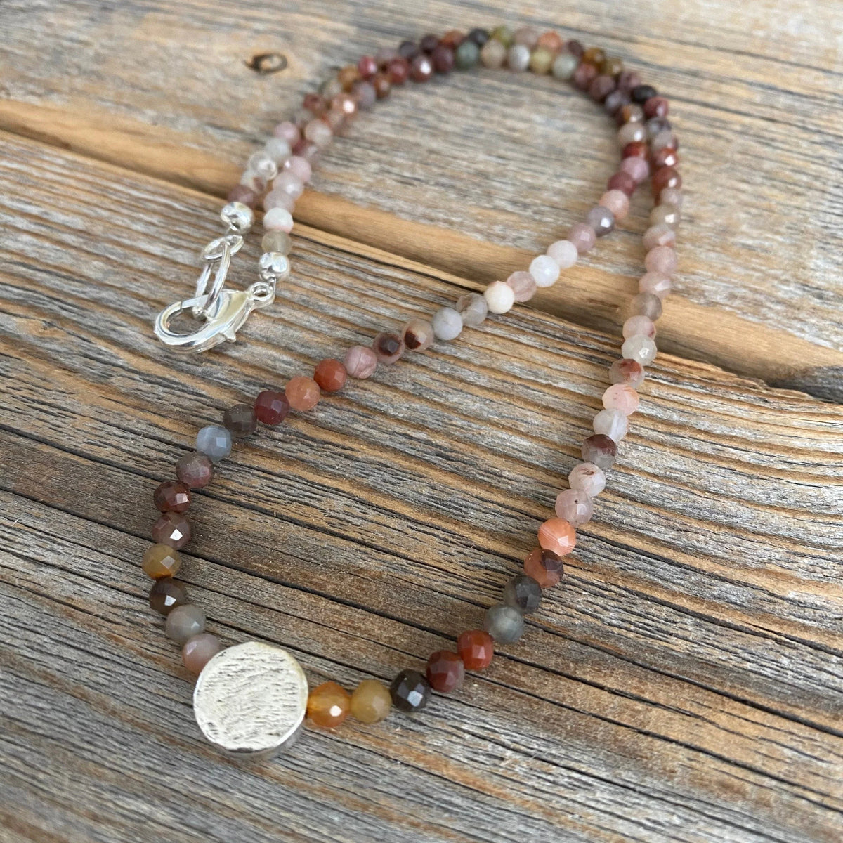 Multicolor Natural Stone Beaded Necklace, Sterling Silver Focal Bead, Layering Jewelry