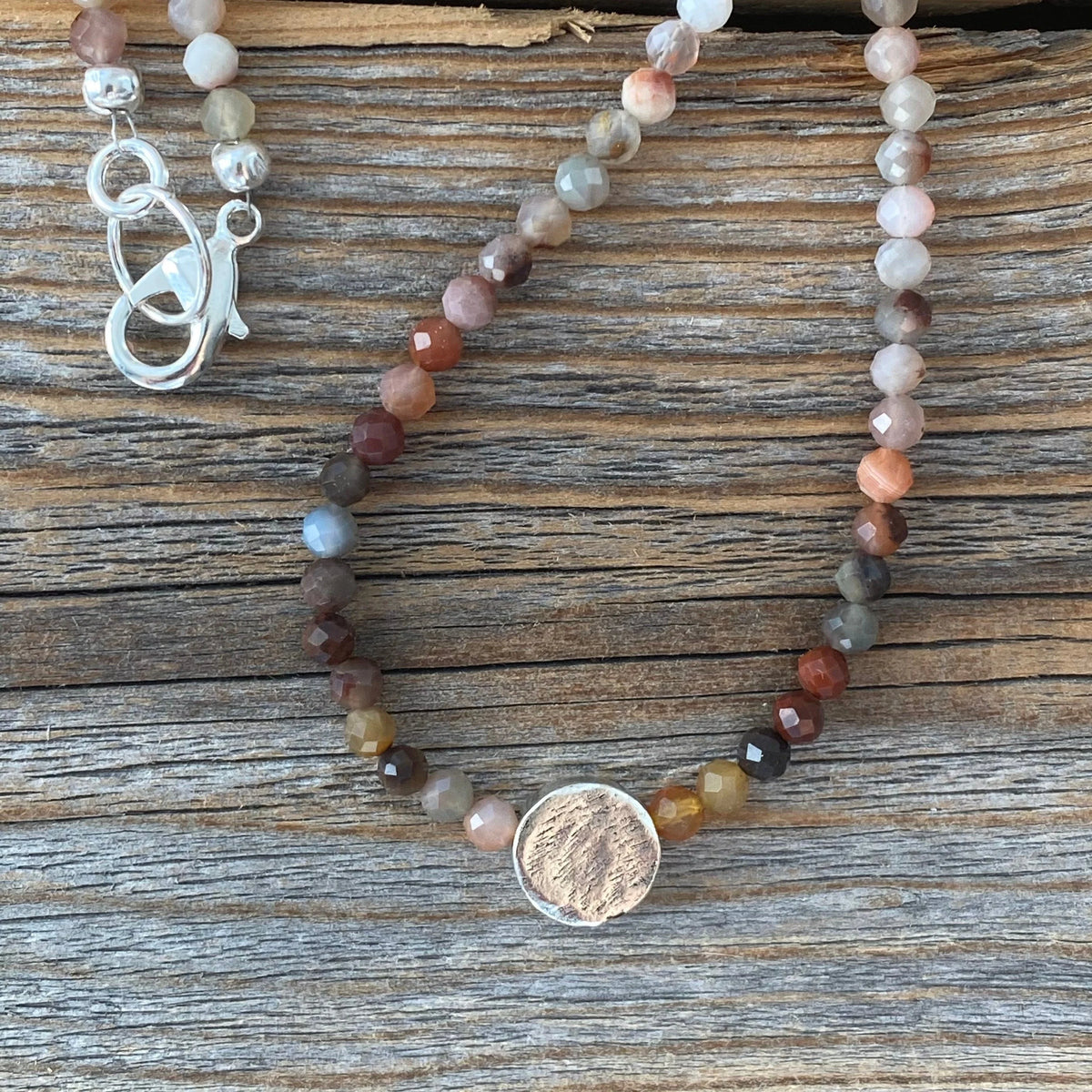 Multicolor Natural Stone Beaded Necklace, Sterling Silver Focal Bead, Layering Jewelry