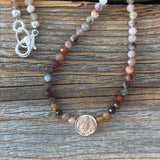 Multicolor Natural Stone Beaded Necklace, Sterling Silver Focal Bead, Layering Jewelry