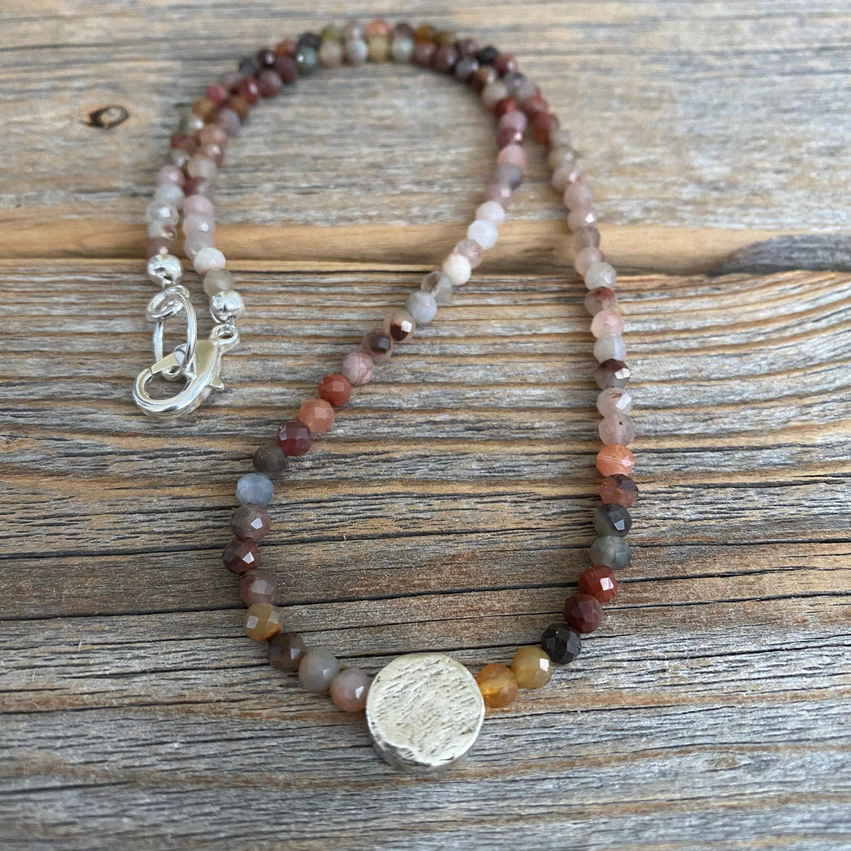 Multicolor Natural Stone Beaded Necklace, Sterling Silver Focal Bead, Layering Jewelry