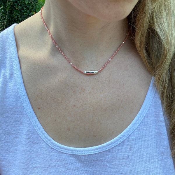 Pink Czech Glass Beaded Necklace, Sterling Silver Pendant, Dainty Jewelry