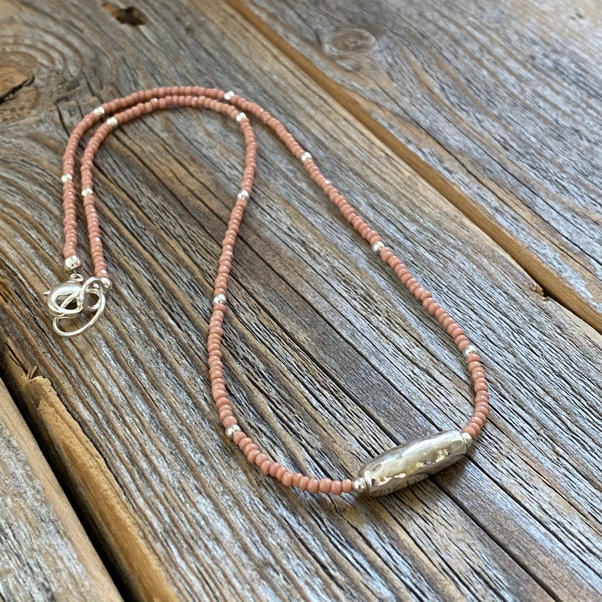 Pink Czech Glass Beaded Necklace, Sterling Silver Pendant, Dainty Jewelry