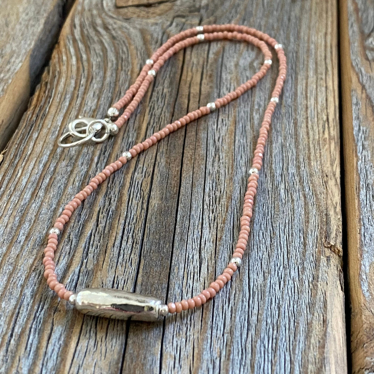 Pink Czech Glass Beaded Necklace, Sterling Silver Pendant, Dainty Jewelry