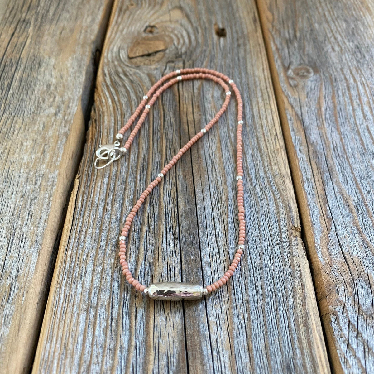 Pink Czech Glass Beaded Necklace, Sterling Silver Pendant, Dainty Jewelry
