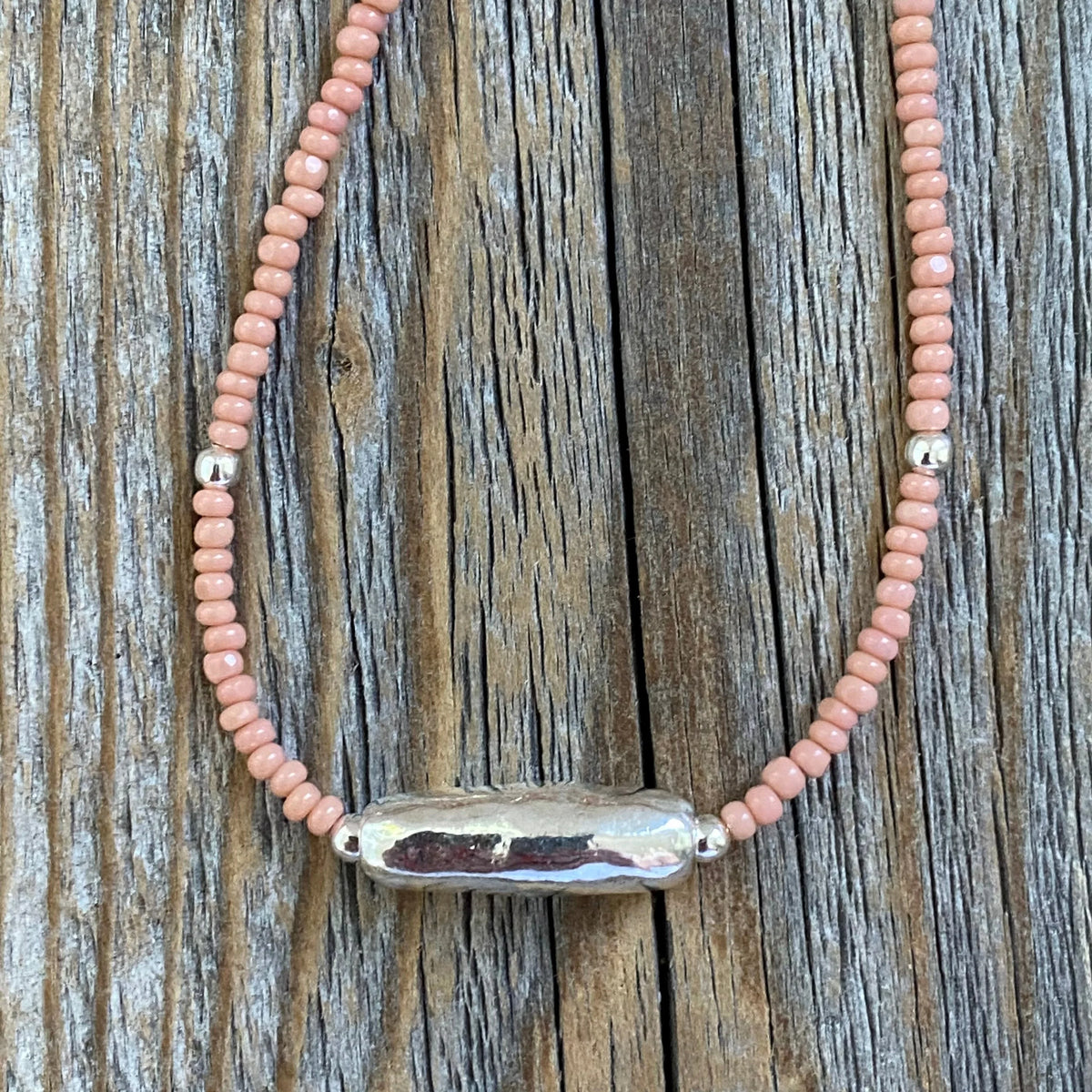 Pink Czech Glass Beaded Necklace, Sterling Silver Pendant, Dainty Jewelry