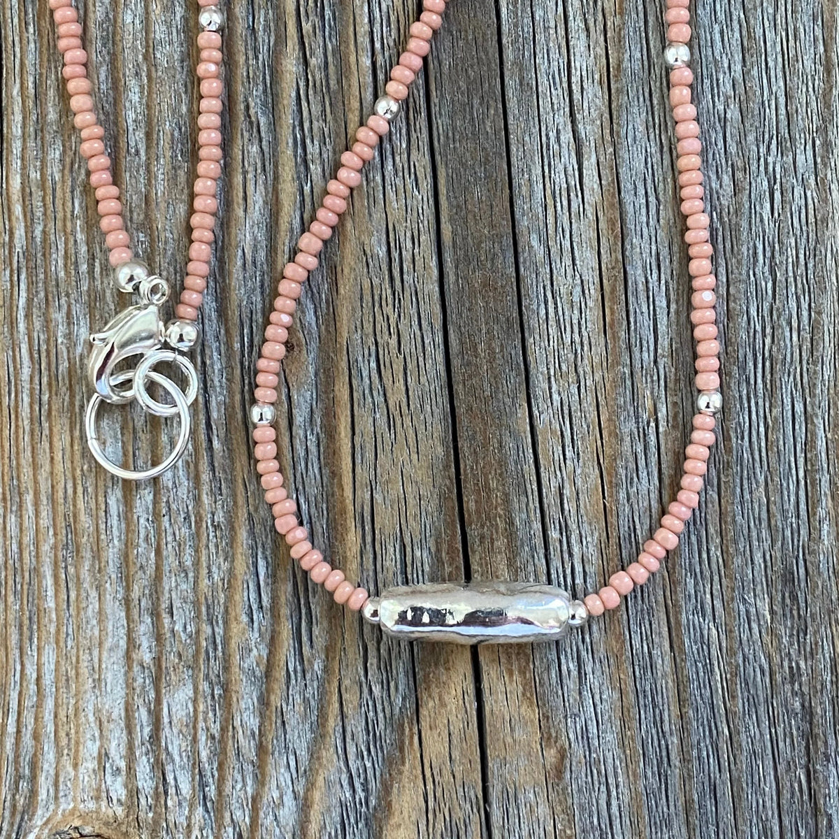 Pink Czech Glass Beaded Necklace, Sterling Silver Pendant, Dainty Jewelry