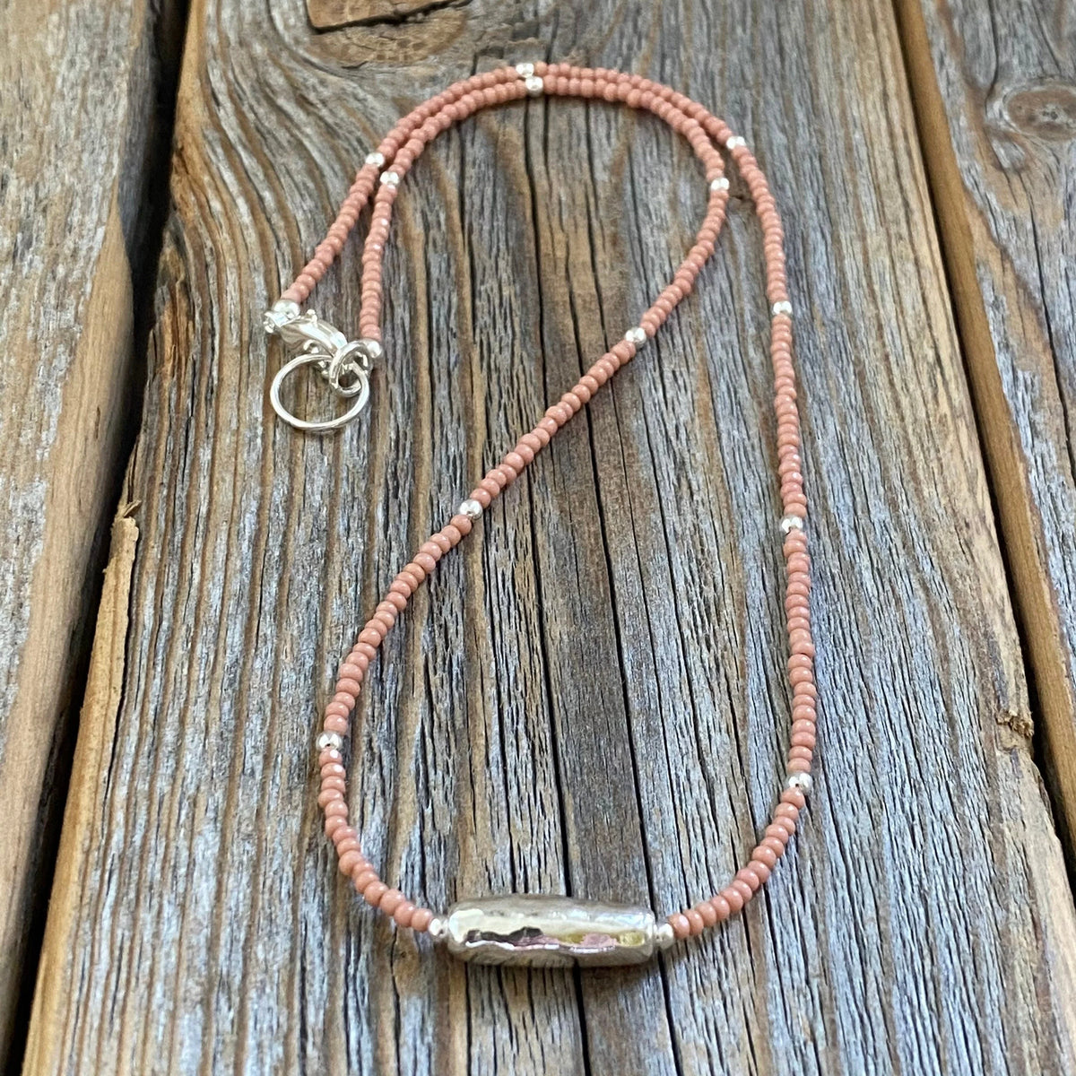 Pink Czech Glass Beaded Necklace, Sterling Silver Pendant, Dainty Jewelry