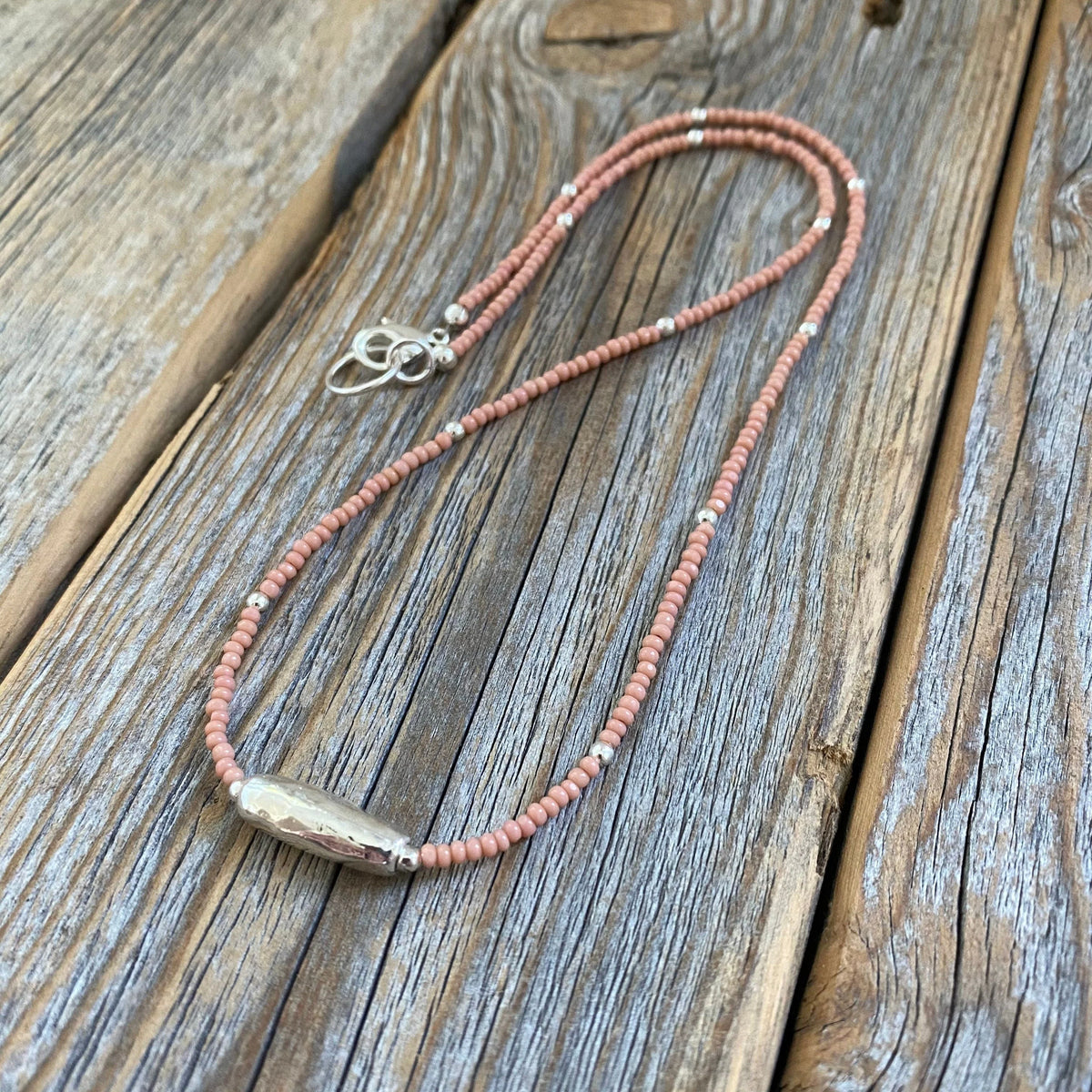 Pink Czech Glass Beaded Necklace, Sterling Silver Pendant, Dainty Jewelry