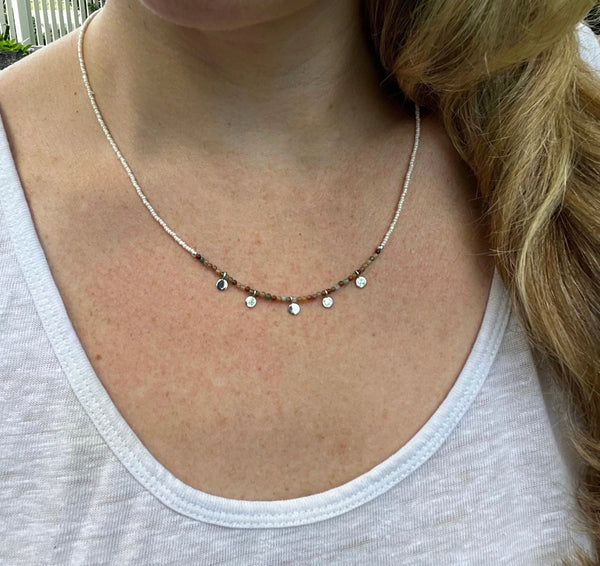 Rainbow Jasper Beaded Necklace – Minimalist Silver Dangle Jewelry